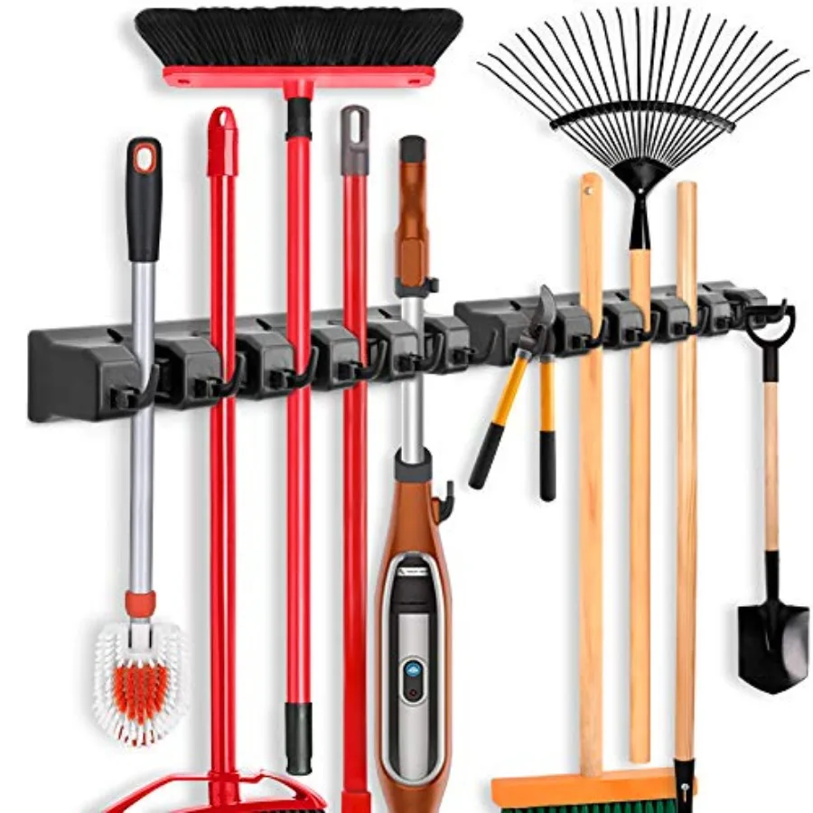 Mop and Broom Holder, Wall Mounted Organizer Mop and Broom Storage Tool Rack with 5 Ball Slots and 6 Hooks Black