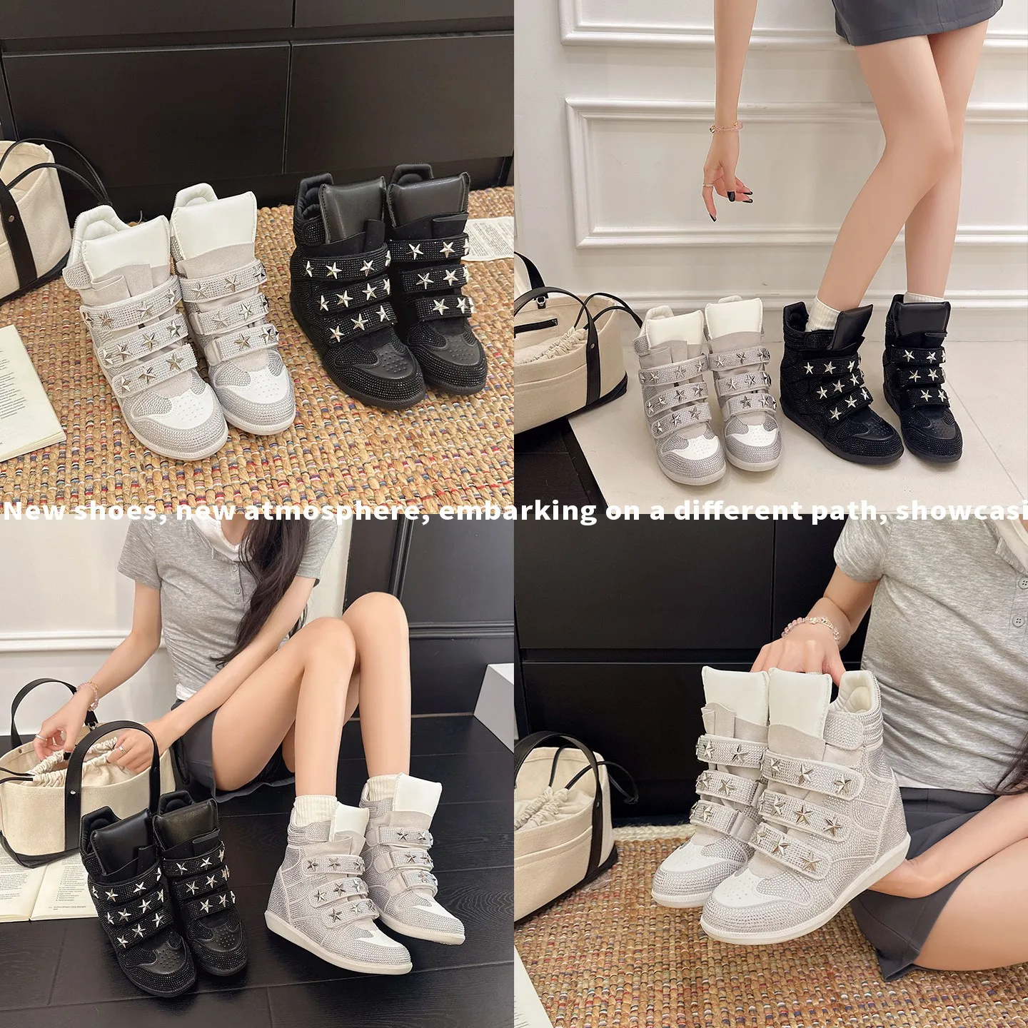 Retro Rhinestone High-top Thick-soled Height-increasing Platform Women's Sport and Casual Shoes - view 3