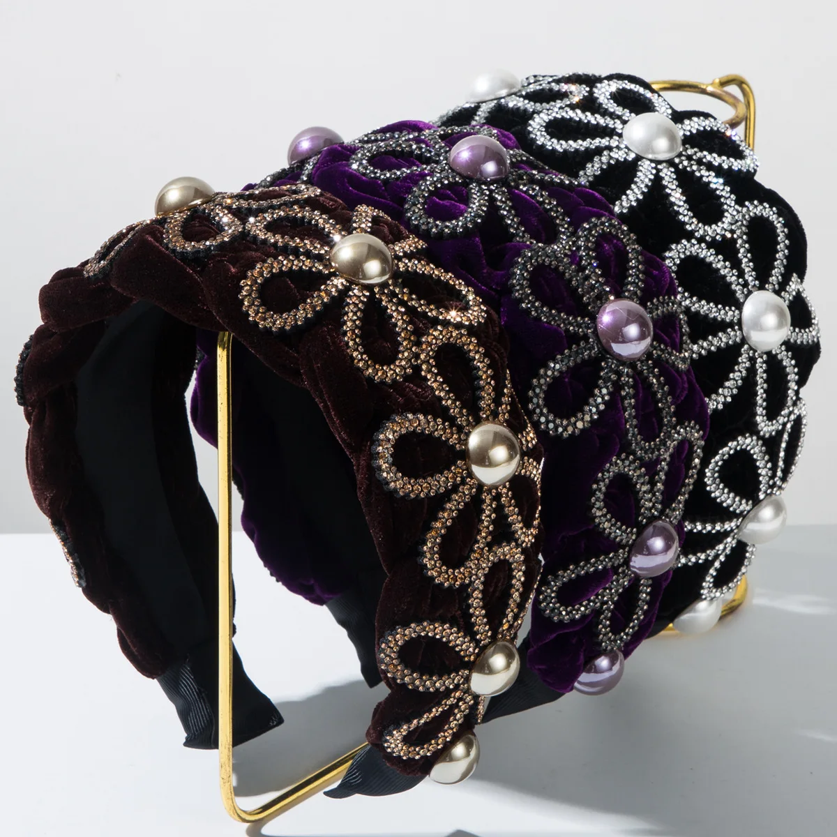 

Heavy Work Floral Gemstone Hairband Royal Baroque Velvet Texture Headwrap Brilliant Flower Pearl Prom Statement Piece