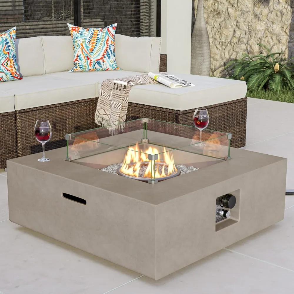 

Outdoor Propane Fire Table, 50,000 BTU Stainless Steel Burner, Transparent Fire Glass & Rain Cover, Metal Lid，Fire Pit