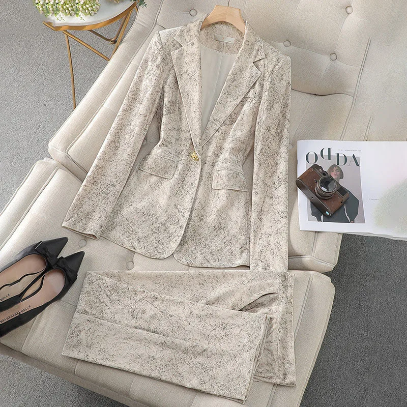 Pleuche Two Piece Set Womens 2024 Office Ladies Elegant Turn Down Collar Single Button Crop Blazers Straight Leg Pants Suits