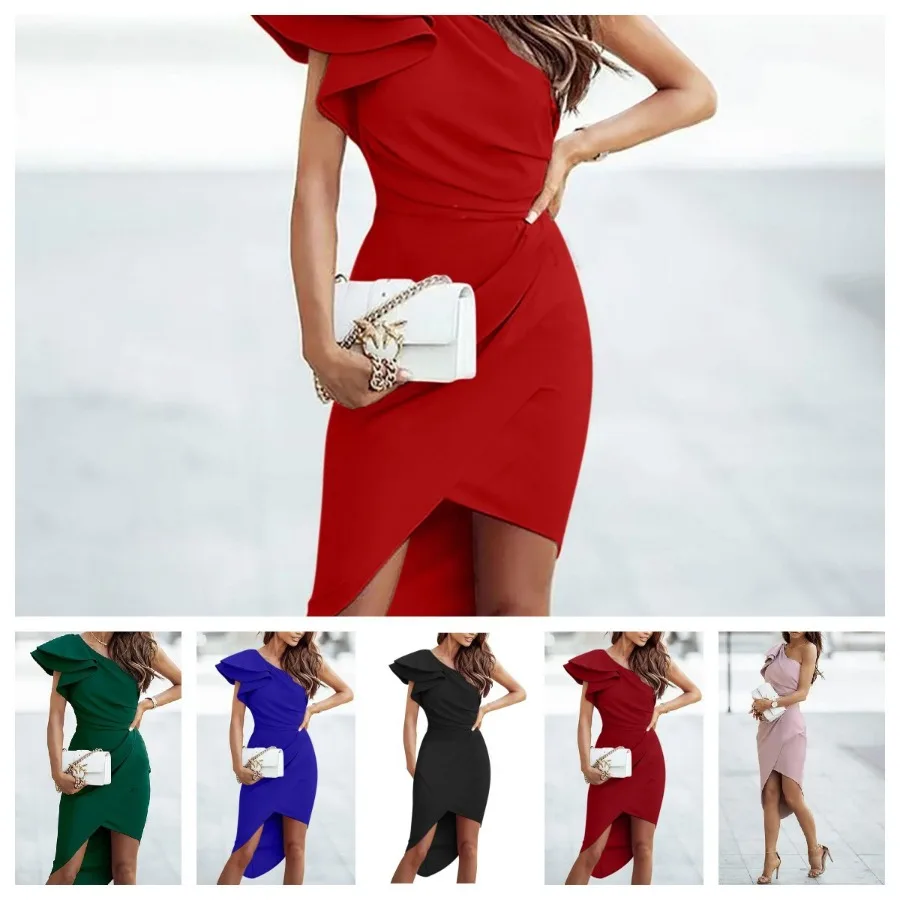 

【New style】Autumn and winter new products for women's plain, single shoulder, ruffled, slit, pleated, party dress with elegant