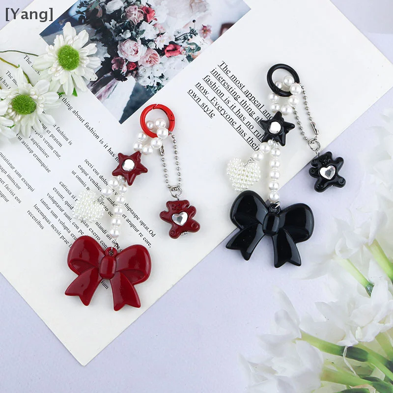 Cute Little Bear Pearl Heart Bow Key Ring Sweet Versatile Keychain Charm Trendy Bag Pendant Backpack Hanging Decoration Gifts