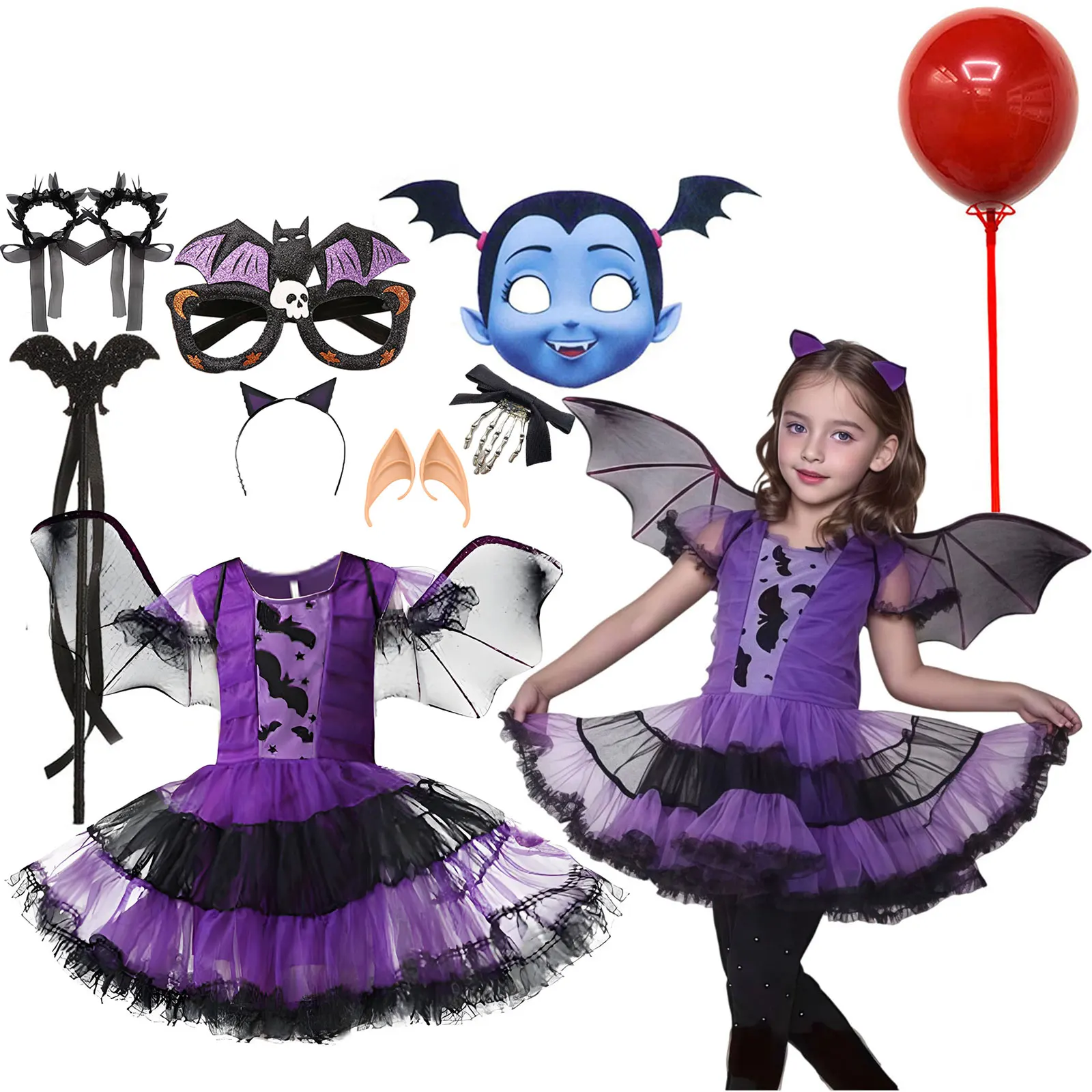 2026 Halloween Carnival Festival Girl Cosplay Purple Witch Bat Dress + Accessories Set Birthday Party Dress Gift for Little Girl