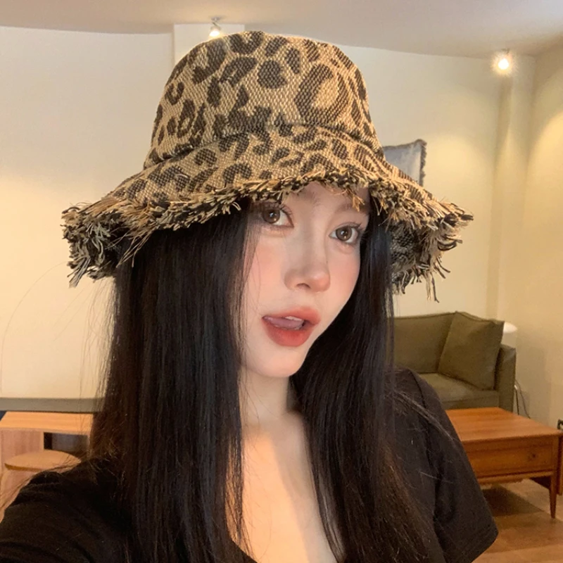 Retro Leopard Print Burr Bucket Hats for Women 2024 Summer and Autumn New Travel Versatile Sunscreen Casual Panama Caps