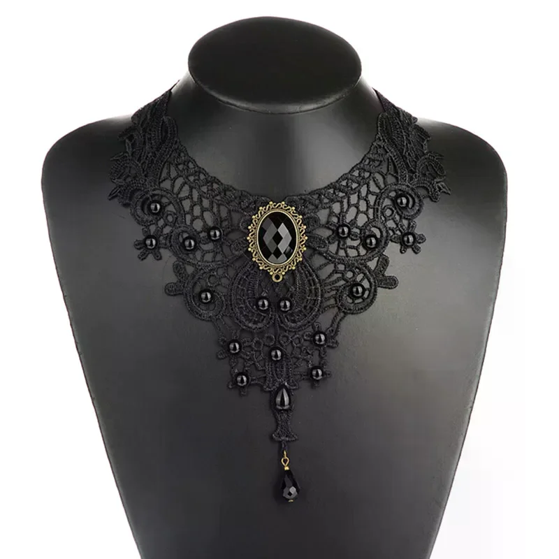 Black Lace& Beads Choker Victorian Steampunk Style Gothic Collar Necklace Gift