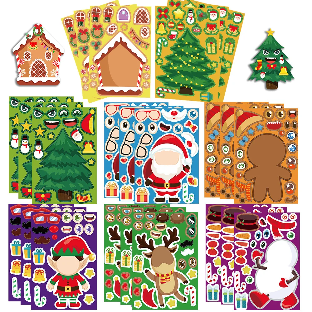 8 Sheets Christmas Puzzle Stickers Create Your Own Santa Claus DIY Make-a-Face Kids Jigsaw Games Children Party Decoration Toy