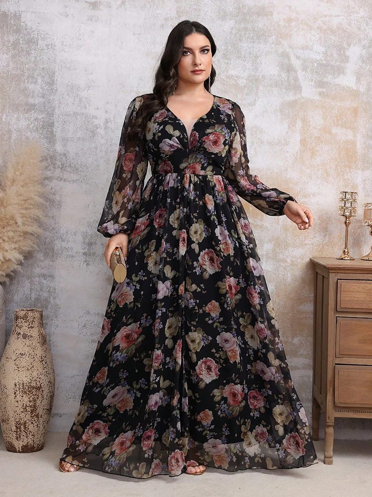 

TOLEEN Plus Size Spring Elegant Floral Print Waist Gathered Slit Big Hem Long Dress 2024 New Women Casual Boho Holiday Dresses