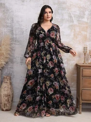 TOLEEN-Women's Floral Print Long Dress, Plus Size, Spring, Elegant, Waist, Gathered Slit, Big Hem, Casual, Boho, Holiday, 2024