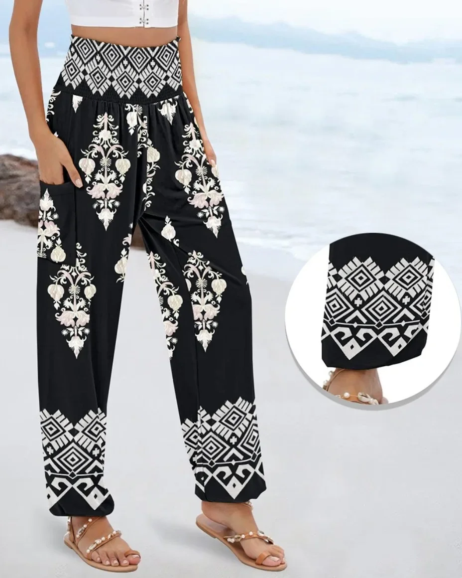 Damen Boho Bedruckte Haremshose mit Hoher Taille, Elastischem Bund, Seitentaschen, Lockere Hose für Strandurlaub und Freizeit – Detail 8
