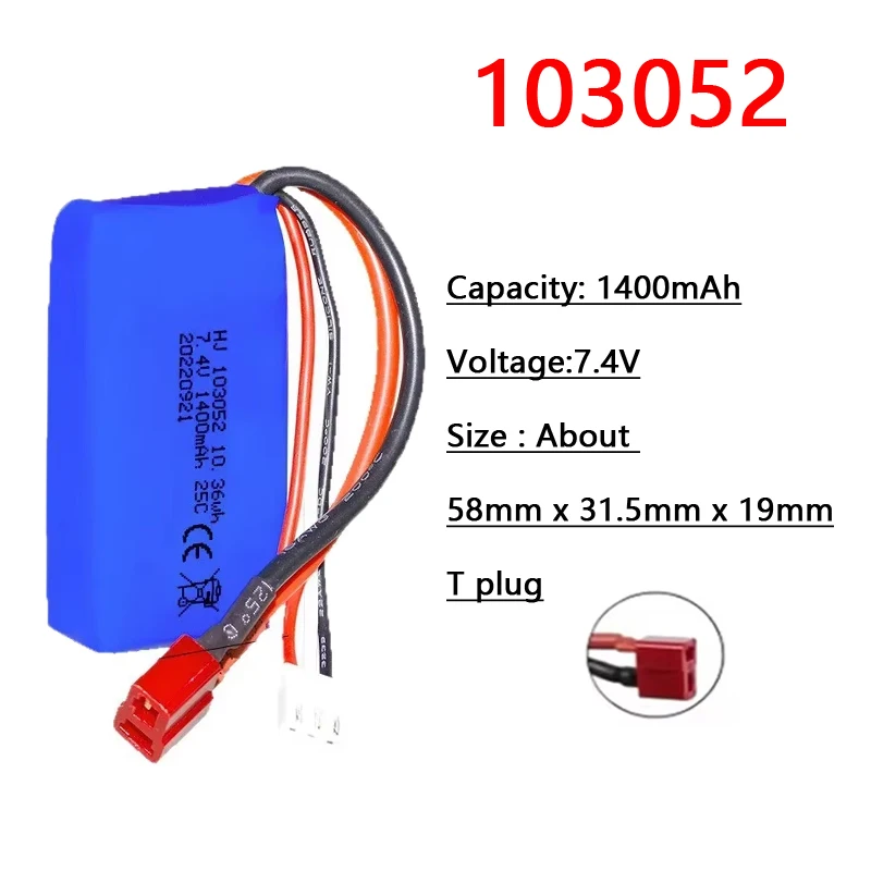 7.4V 1400mAh 103052 25C 2S LiPo Battery with T Plug for Wltoys A959-B A969-B A979-B K929-B RC Car Battery