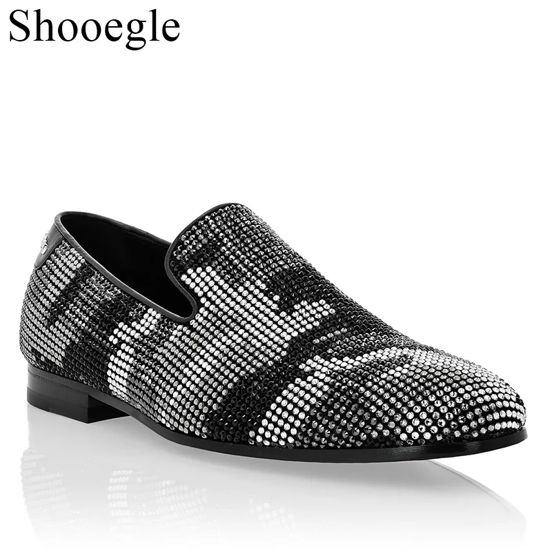 Newest Fashion Men Handmade Spike Shoes Black Silver Gray Loafers Shoes Runway Shining Rivets Party Wedding Shoes Silver