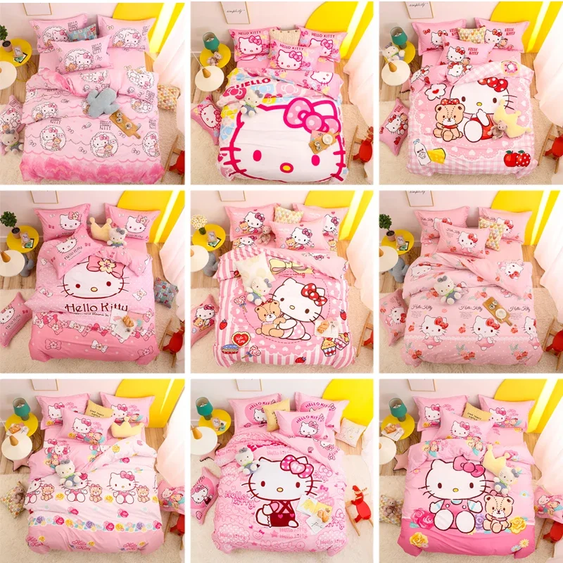 Sanrio Hello Kitty 100% Cotton Bedding Set Queen Size Flat Sheet Duvet Cover Pillowcase Four Piece Set Bed Linens Home Textile