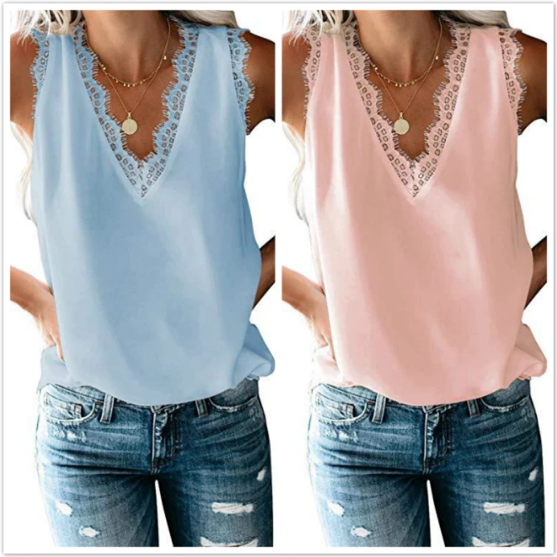 Sexy Kanten V-Hals Mouwloze Dames Top 2023 Zomer Nieuwe Casual Mode Solide Chiffon Tank Top Diepe V-Hals