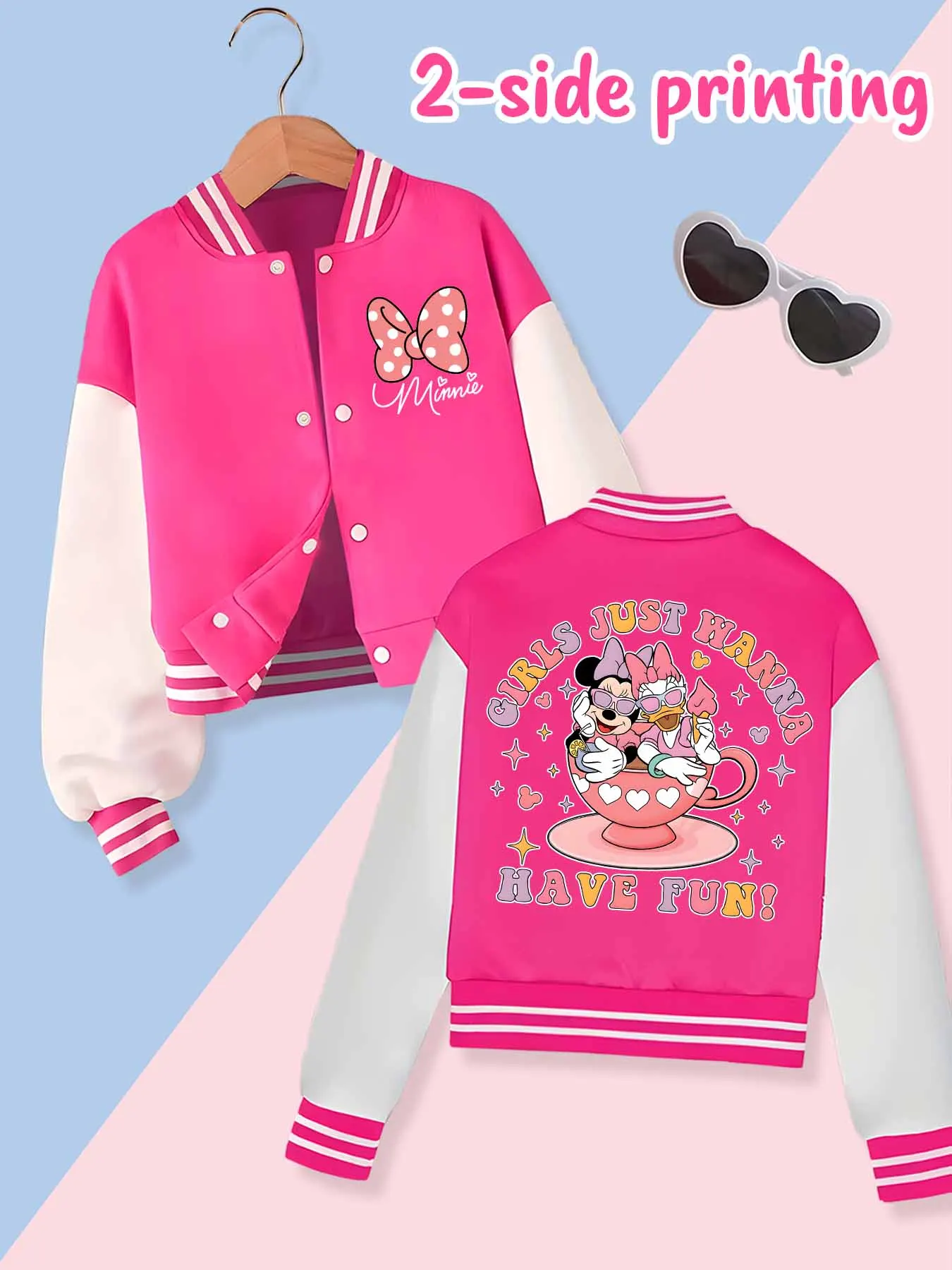 Chaqueta de béisbol de tendencia de moda de Disney, adecuada para deportes diarios y ropa casual, estampada con lindo patrón de Minnie, bonito regalo.