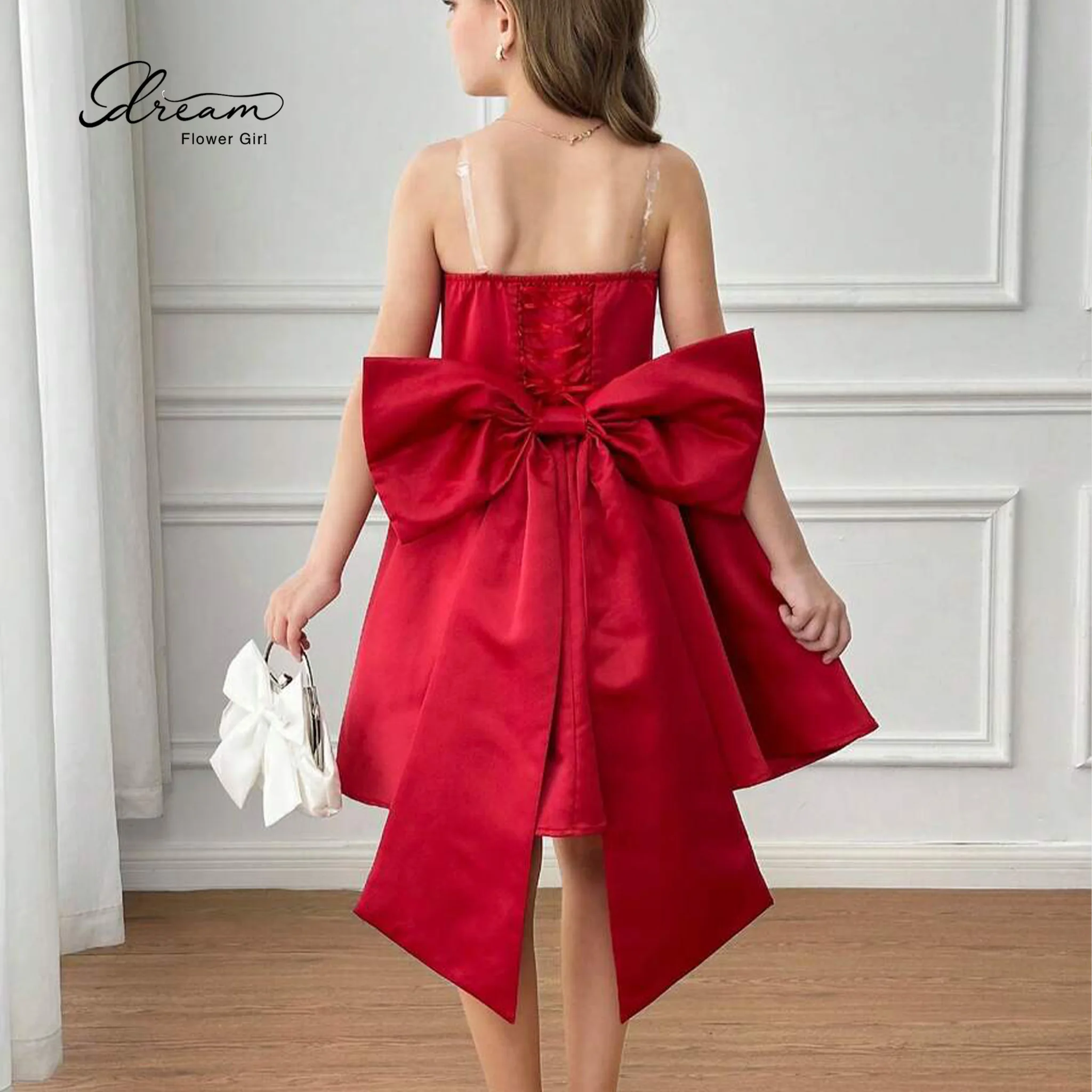 Red strapless spaghetti-strap puffy dress for girls formal occasion/prom gown with a back bow