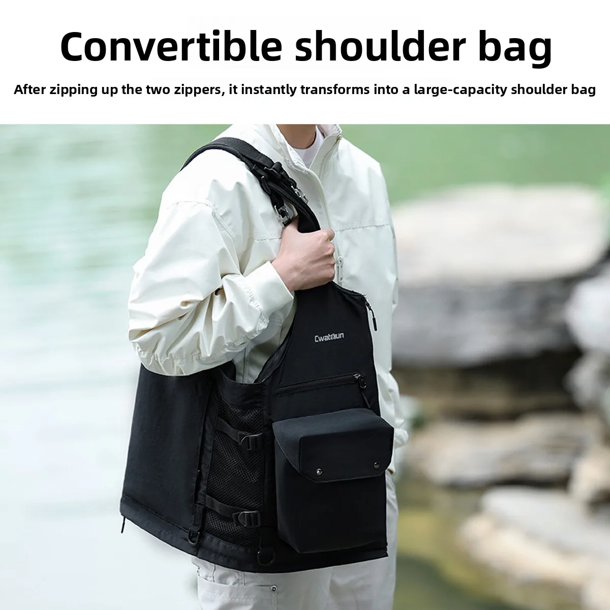 Convertible Photography Utility Vest for Outdoor Camera Gear, 6 Attachment Loops, Water Repellent Fabric, Zips into Shoulder Bag