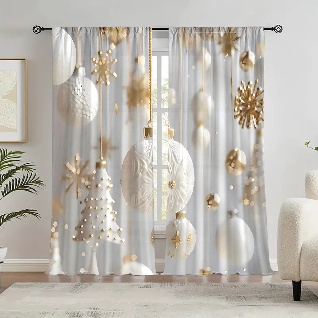 2pcs Set Festive Ball Christmas Curtains Soft Velvet Fabric Digital Printed with Rod Pocket Design curtains for Living Room