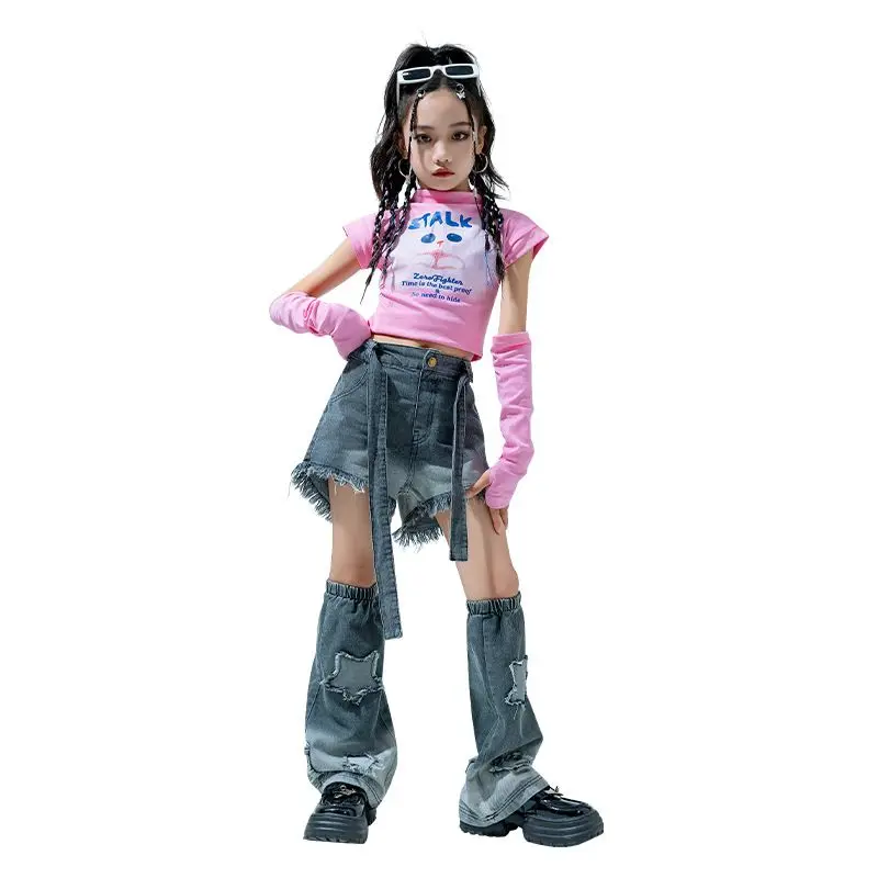 

Girls Hip Hop Crop Top Ripped Street Dance Shorts Child Sweet High Neck T-shirts Streetwear Jeans Clothes Sets Kids Jazz Costume