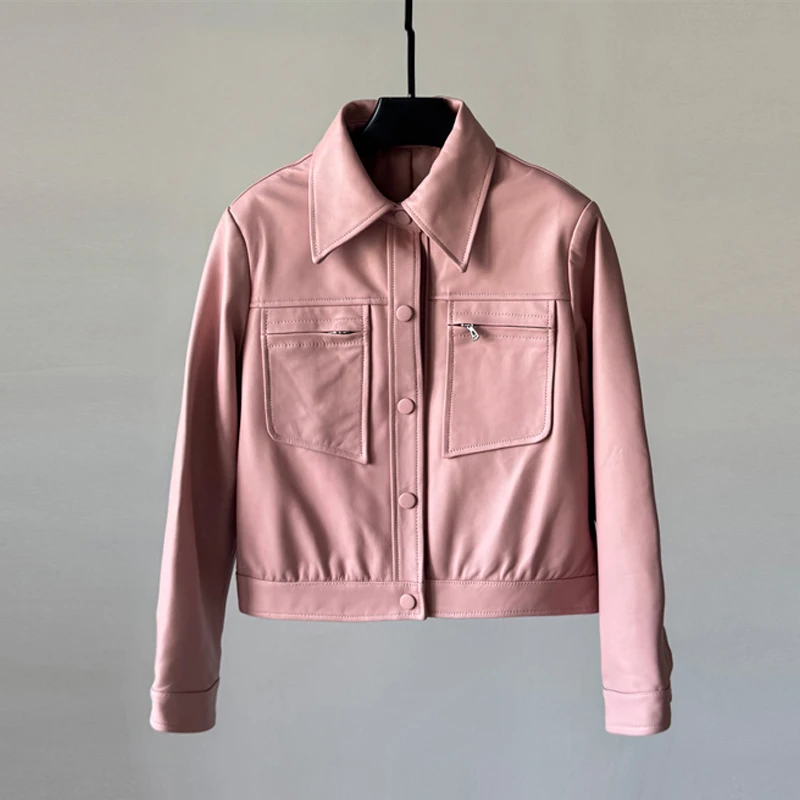 4 colori casual corti giacche in vera pelle per le donne 2025 autunno risvolto femminile nero / rosa manica lunga giacca di pelle di pecora cappotti