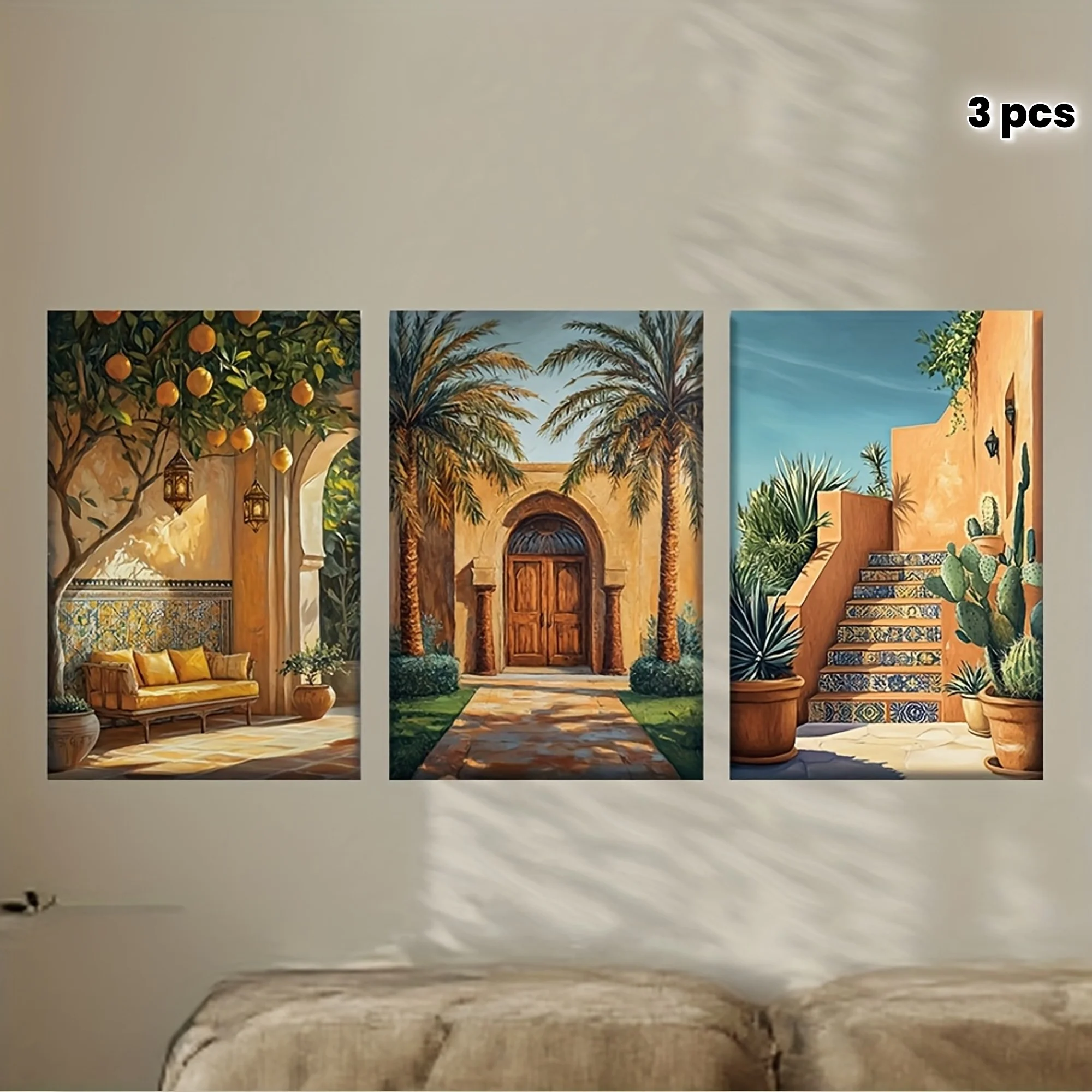 [JIT] 3 pièces/ensemble, peinture sur toile-sans cadre, Marrakech de luxe avec Art de paysage marocain, affiches et imprimés