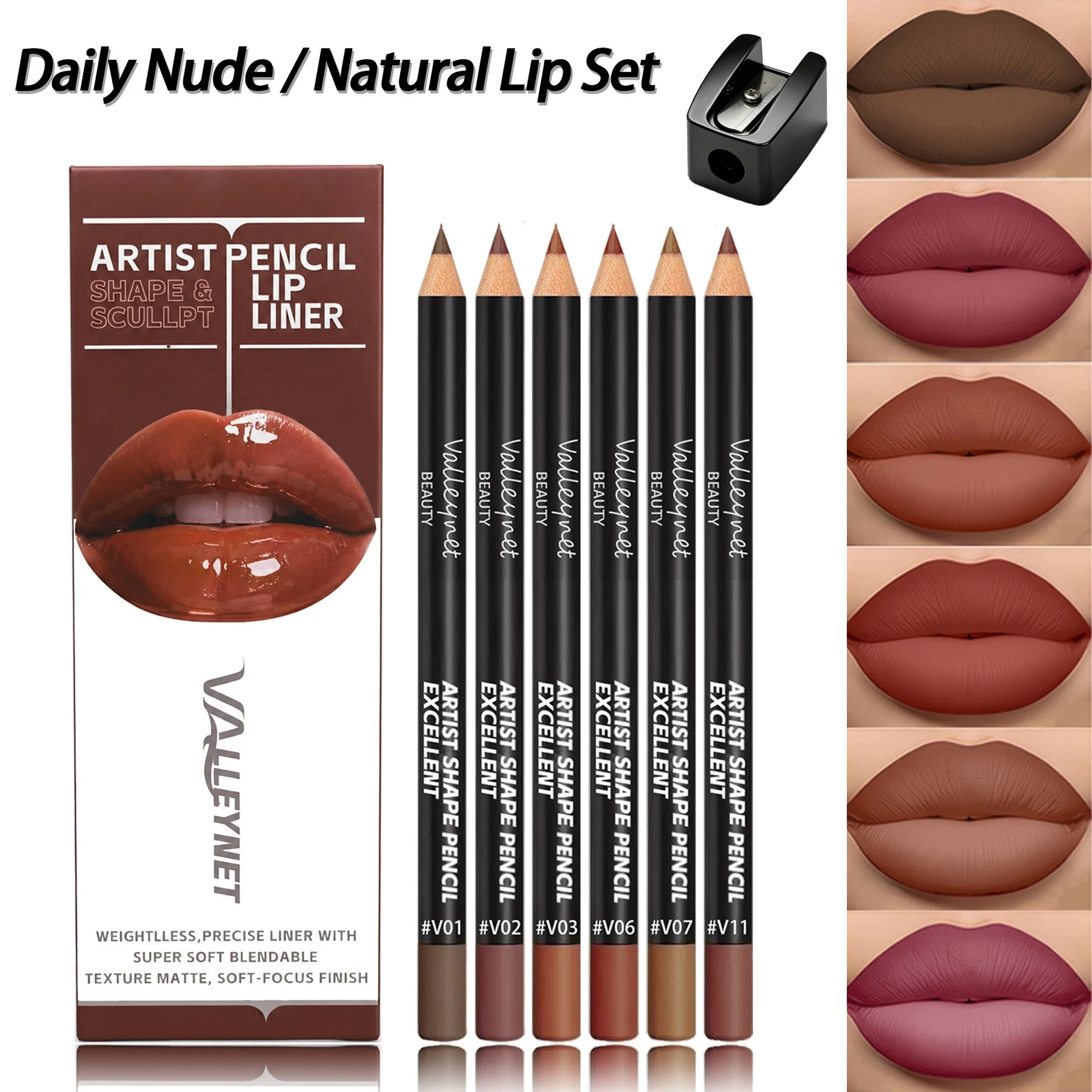 7-teiliges Lippenstift-Set, Lippen-Make-up-Set mit Samt-Textur - 6 Farben Lippenstift + 1 Spitzer - Wasserfester, langanhaltender Matt-Effekt, Rot – Detail 3