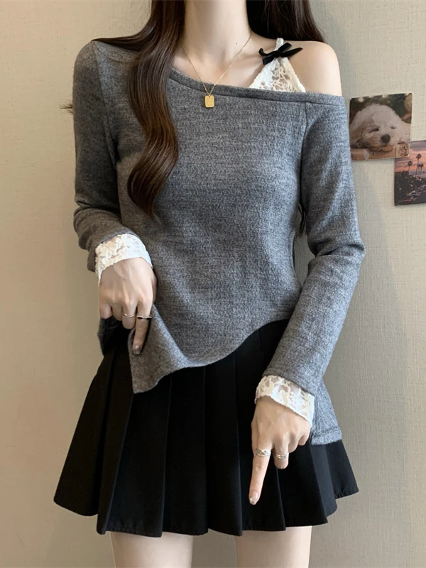 

plus Size Lace Shoulder Banded Asymmetric Long Sleeve T-Shirt Women's Base Shirt Conceals Belly Slimming Korean Style Knitted