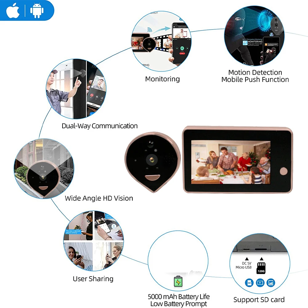 Campainha de vídeo IP wifi, sem fio, visão noturna, câmera do telefone da porta, áudio bidirecional, interfone visual, monitor de segurança doméstica