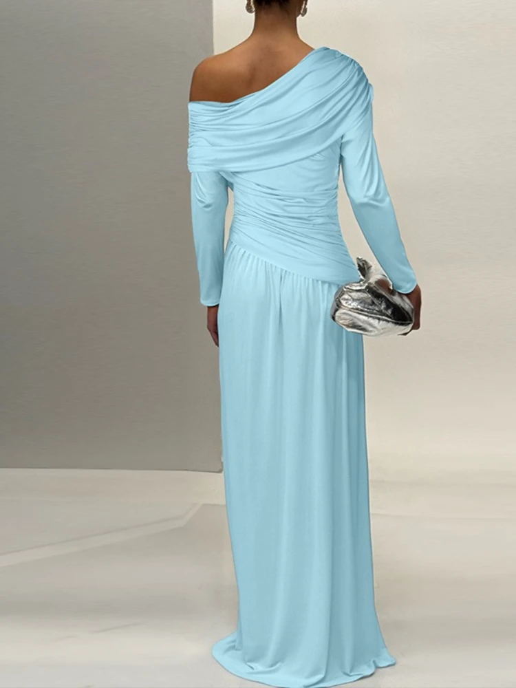 Femme vêtements col diagonale irrégulière longue robe Maxi 2025 automne femme froncé tuniques taille haute solide fête robes de soirée