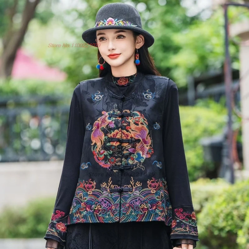 

2025 traditional chinese vintage vest national koi embroidery stand collar folk vest retro hanfu tops satin jacquard ethnic vest