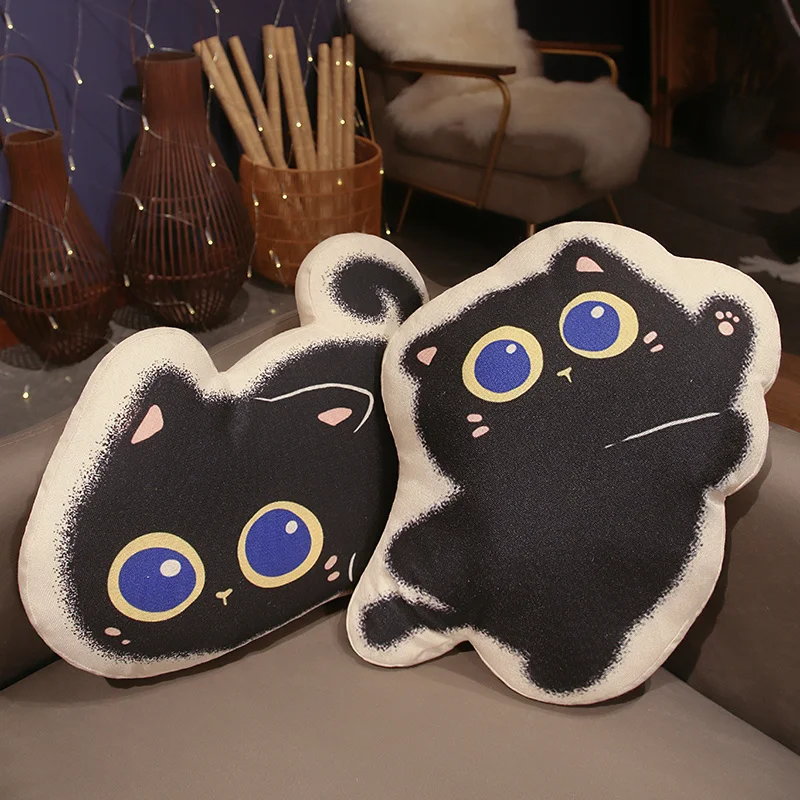 Coussin en peluche de chat noir de dessin animé mignon pour enfants, animaux en peluche d'anime, jouets doux, cadeaux d'anniversaire