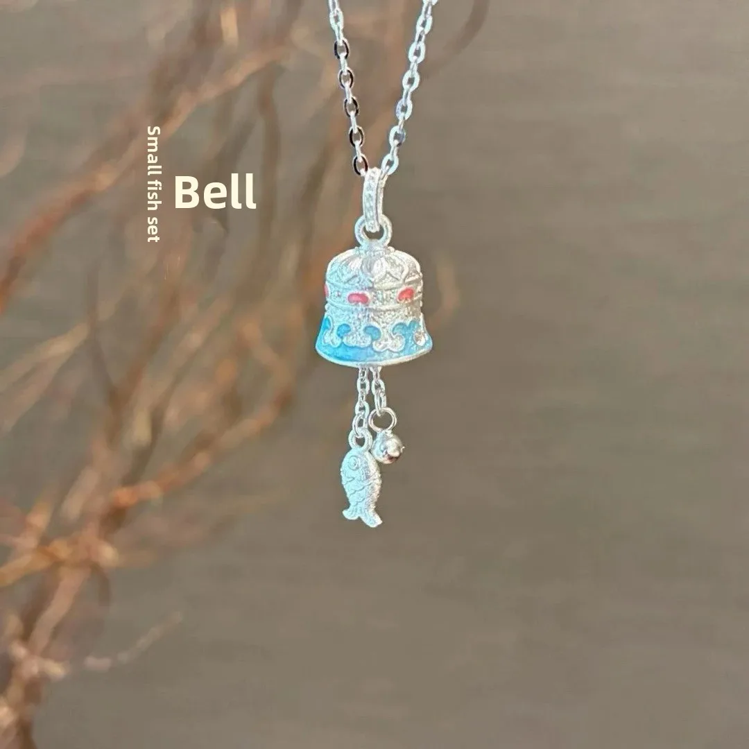 Chinese Style Lucky Blessing Enamel Bell Koi Fish Pendant Necklace Electroplated Silver Dainty Clavicle Chain Good Fortune Jewel