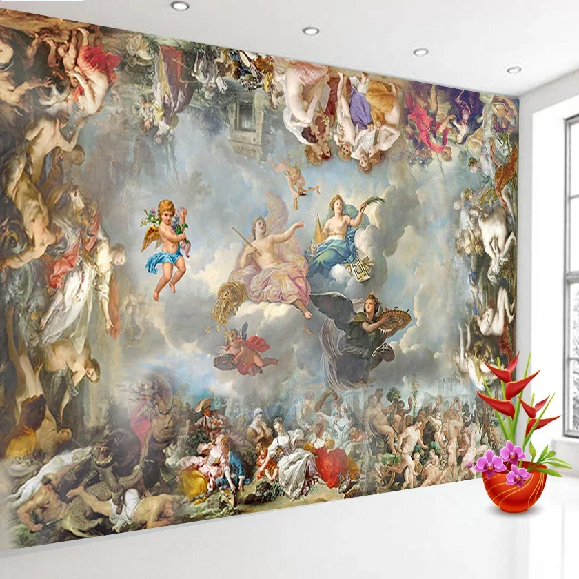 Custom Self Adhesive Vinyl Accept Wallpaper for Living Room Wall Papers Home Decor TV Sofa European Angel Wing Painting Murals