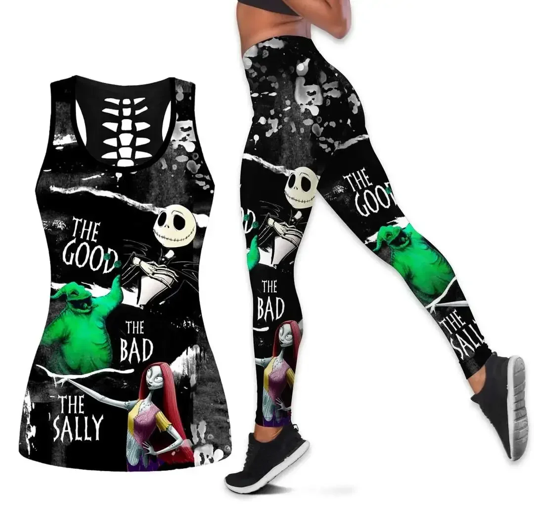 Disney halloween horror noites jack skellington e sally colete oco feminino + leggings terno de yoga fitness leggings terno esportivo