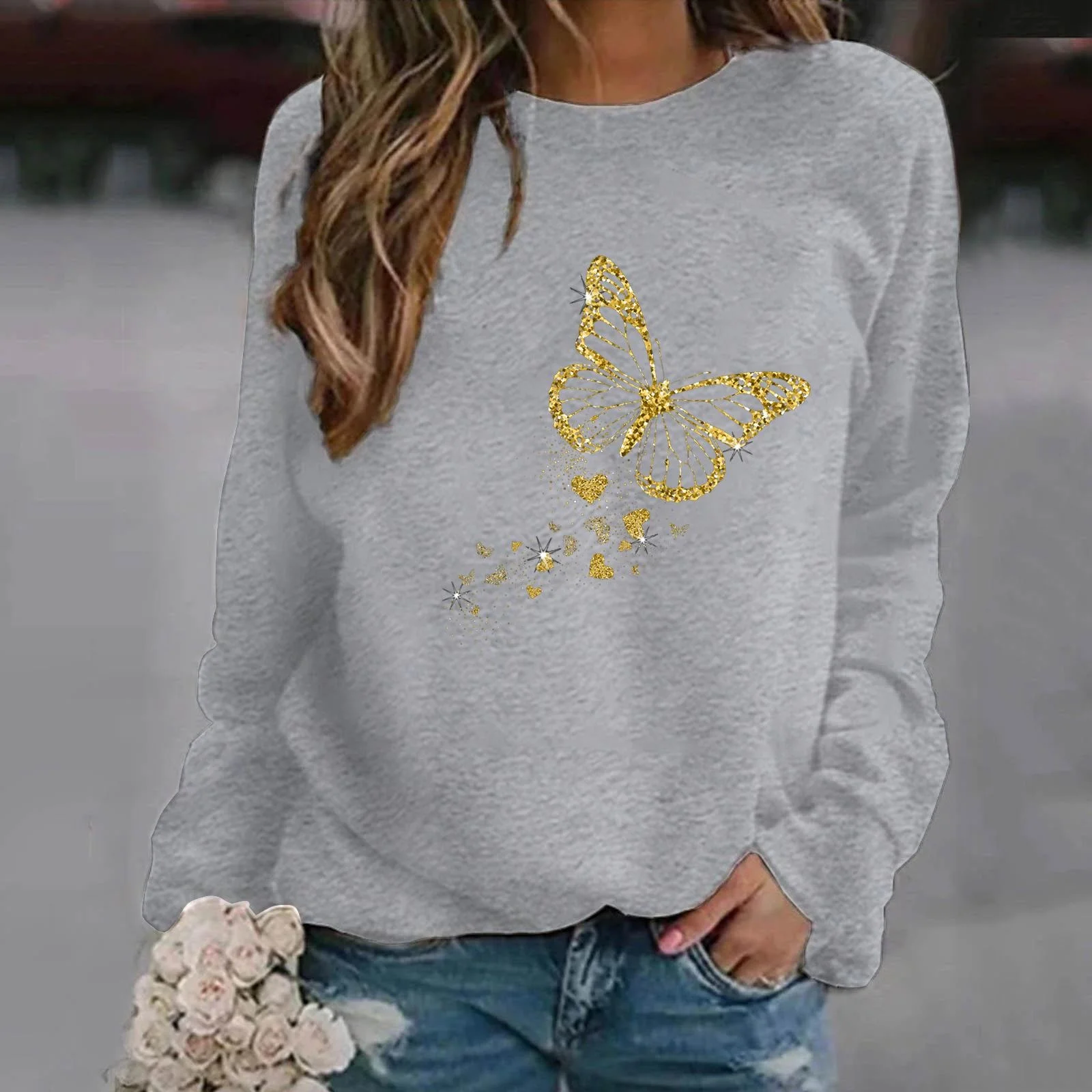 Fuuny Butterfly Printed Women Sweater Autumn And Winter Fashion Ladies Long Sleeve Sweatshirt Plus Size Hoodless Sweatshirt