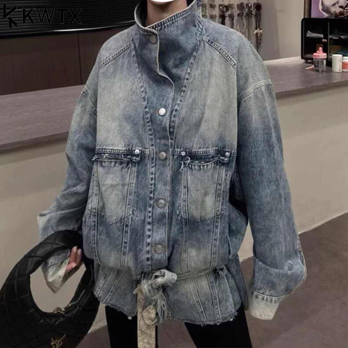 

KWTX Women’s Blue Denim Jacket Autumn Casual Biker Vintage Designer Stand Collar Belted Single Breasted Utility Pockets Elegant