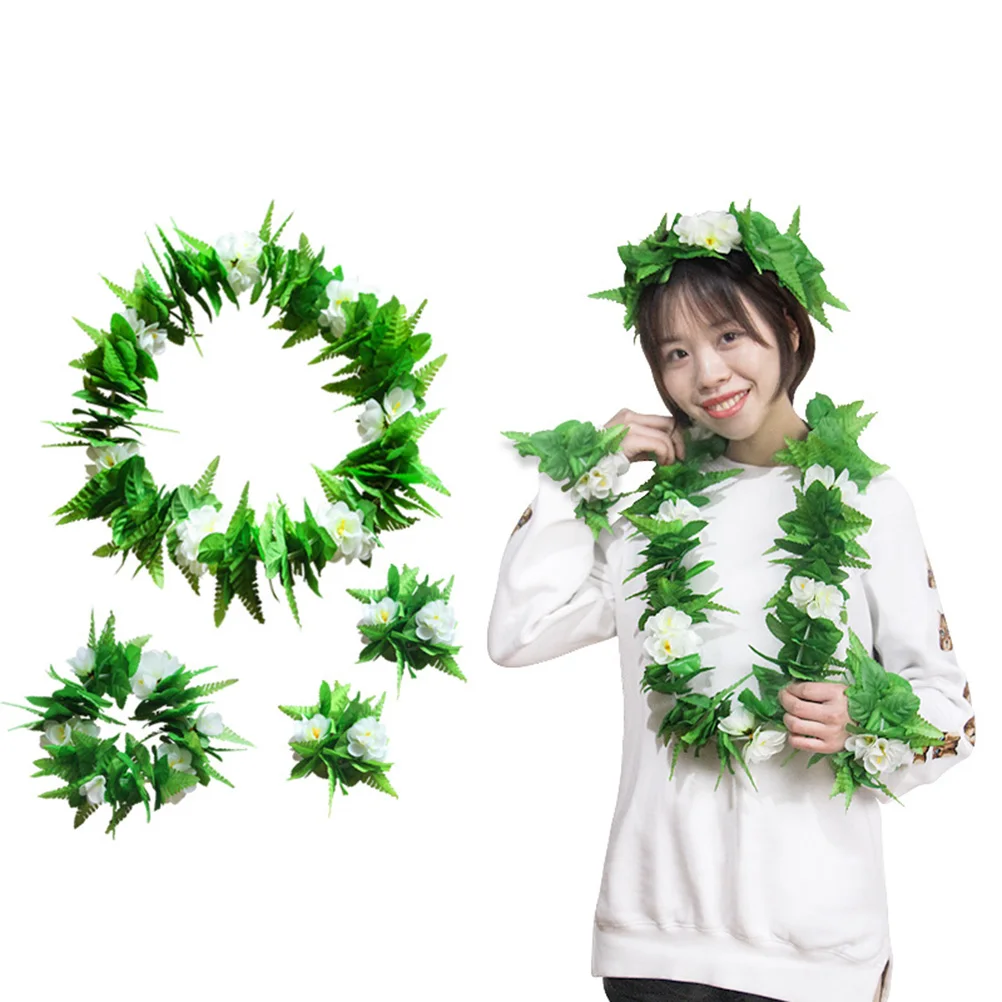 

4 Pcs Floral Wreath Headb Necklace Wristb Hawaiian Leis Flower Crown Lightweight Comfortable Party Travel Photography Prop