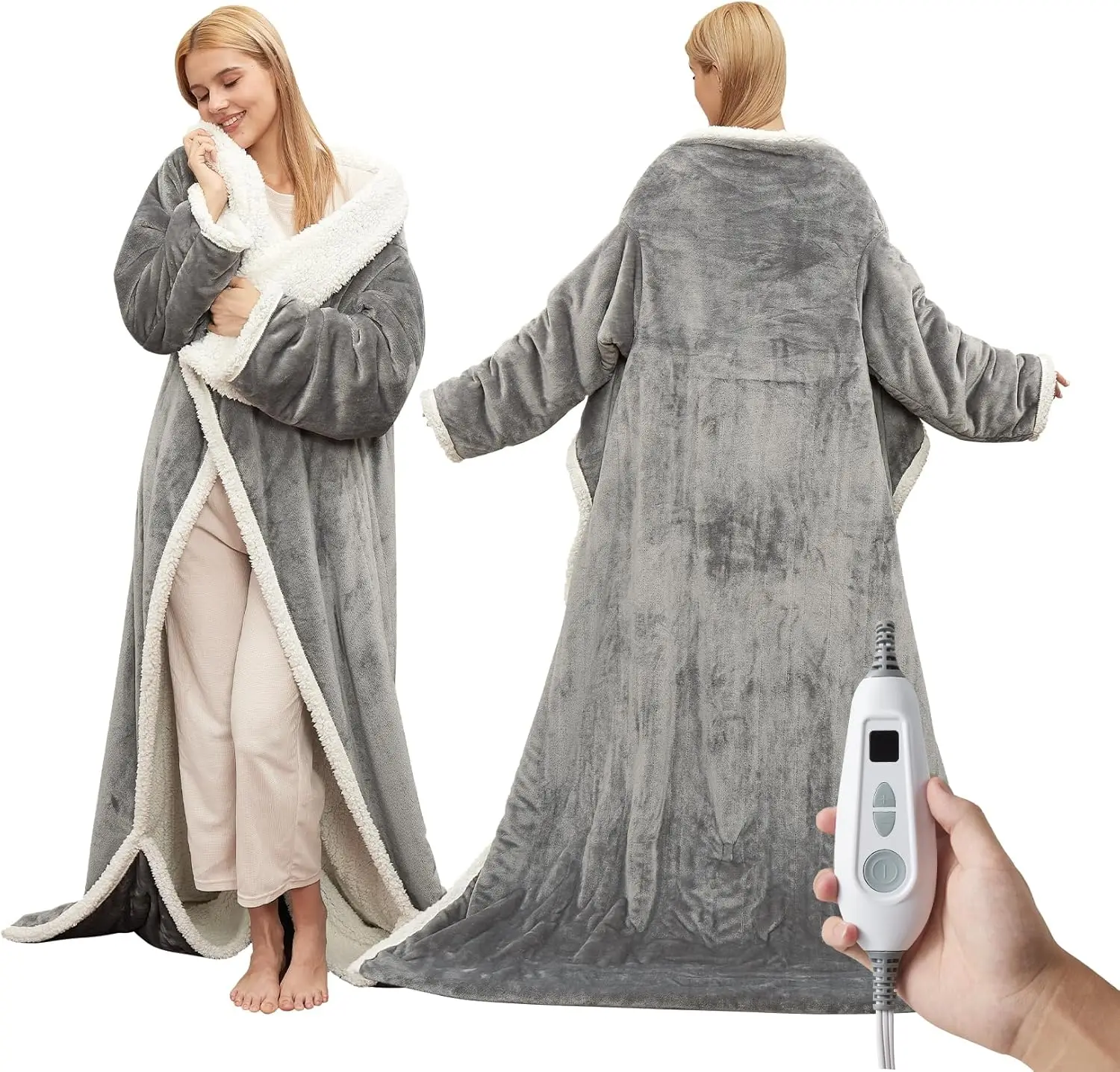 

Wearable Heated Blanket with Foot Pocket & Sleeves, Electric Throw, 6 Heat Settings, Auto Shut-Off, Light Grey