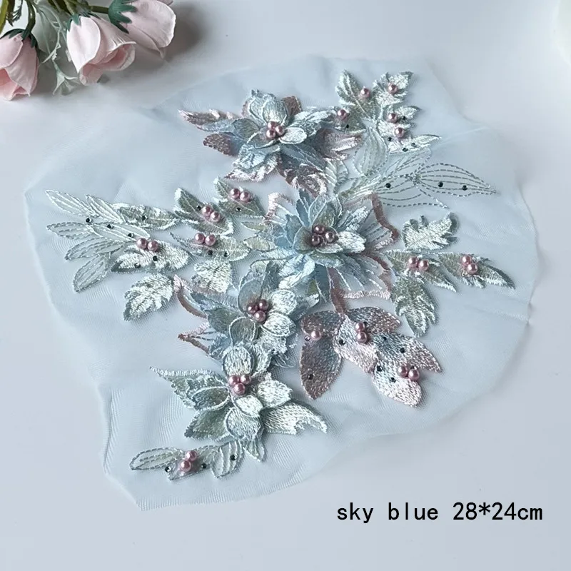 1Pcs 3D Flower Lace Patch Blue Applique Mesh Embroidery Fabrics Beaded Patches Sewing Cloth Wedding Evening Dress Decora DIY