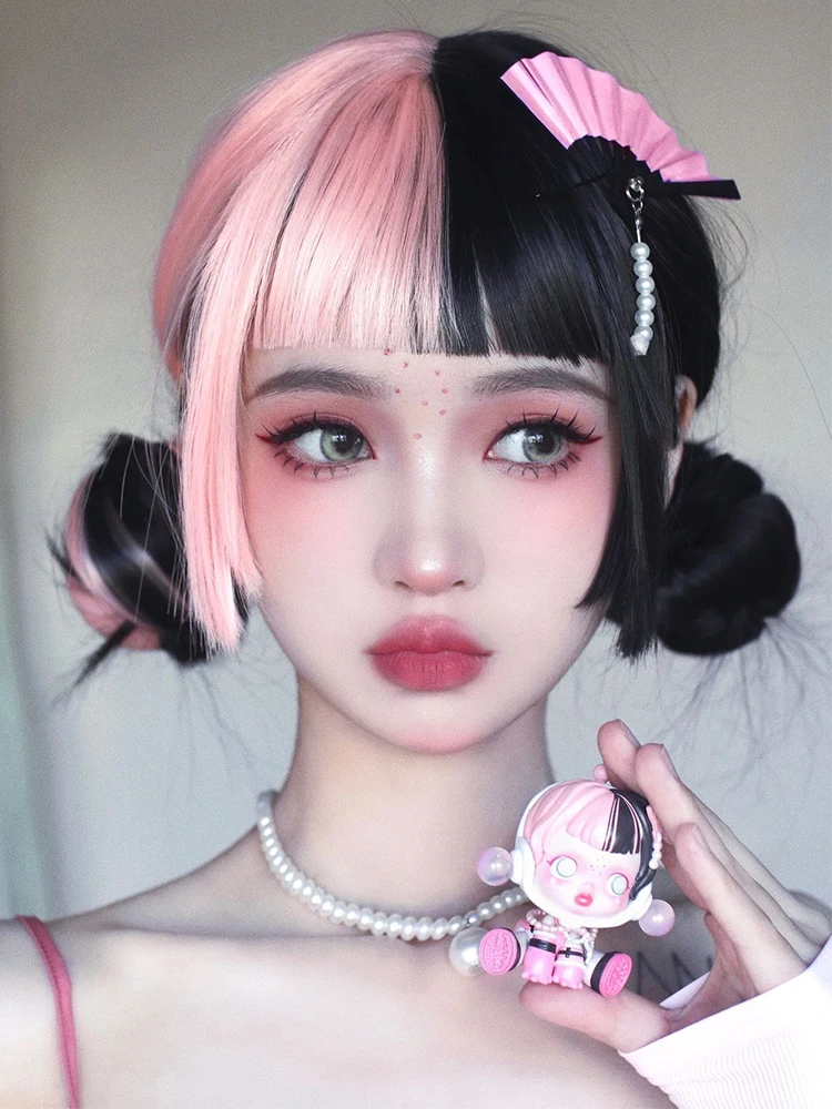 Wig Female Long Hair Lolita Pink Black Double Fight Yin and Yang Head Halloween Cos Hair Dopamine Wig Full-Head Wig