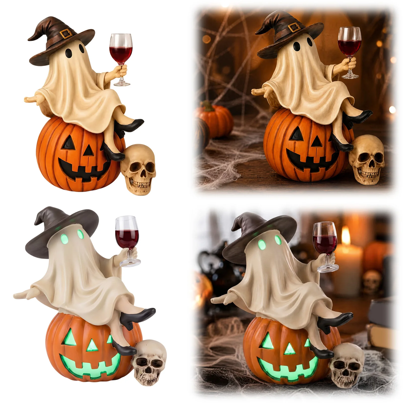 Resin Halloween Ghost Witch Hat Pumpkin Skull Wine Cup Tabletop Statue Home Decor Figurine Ornament