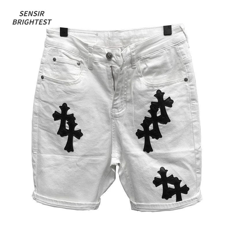 Summer Cotton Elastic Shorts Men\'s American Style Street Fashion Brand Embroidered White Denim Shorts For Men And Women