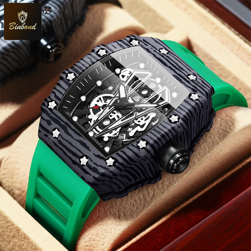 BINBOND ساعة رجالية جديدة ساخنة الاستبداد برميل منحني مرآة سطح مجوف الرياضة مقاوم للماء ساعة سيليكون كوارتز رجل ساعة اليد