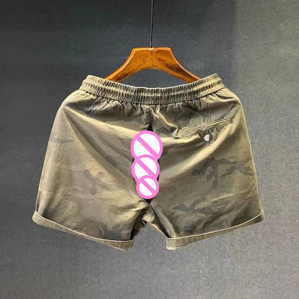 Invisible Open Crotch Outdoor Sex Summer Camouflage Shorts Men's Casual Loose Elastic Waist Drawstring Shorts Beach Short Pants