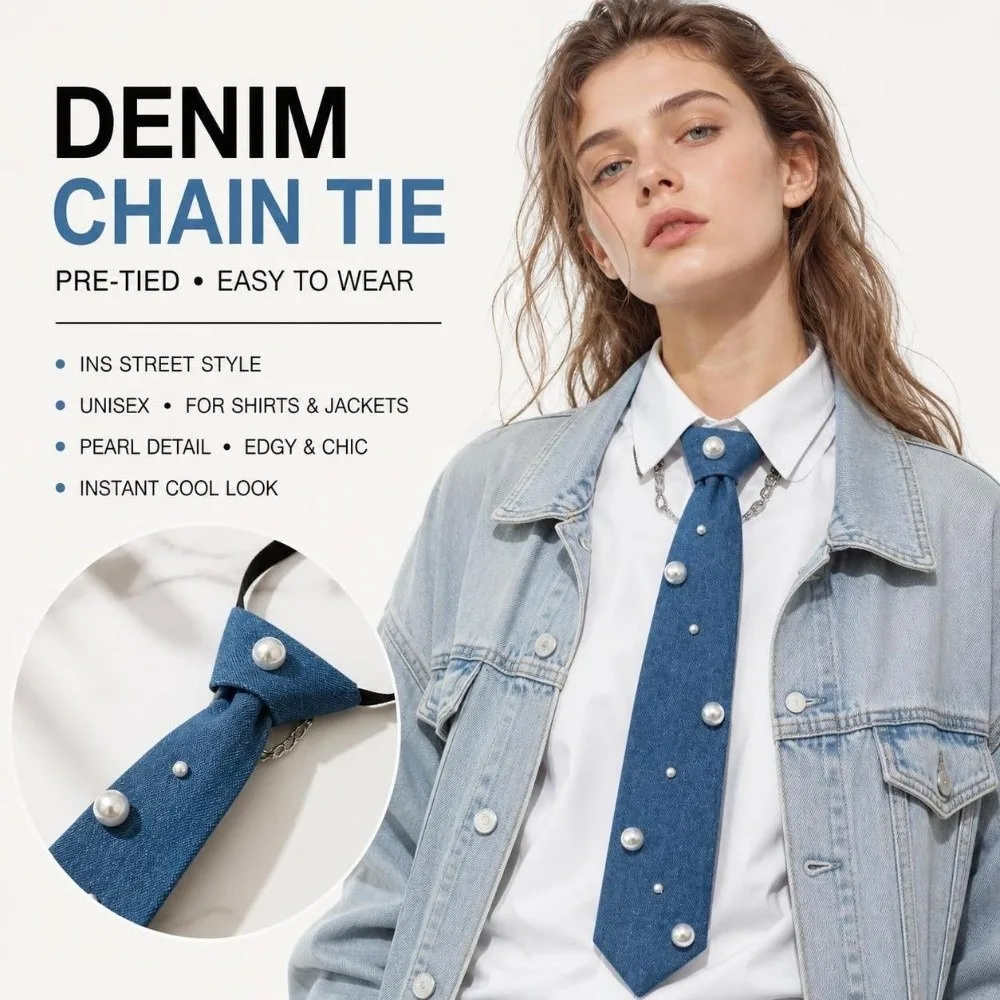Cowboy Style Denim Pre Tied Necktie Beaded with Tassel Costume JK Tie‌ Adjustable Jewelry Accessories Denim Pearl Necktie