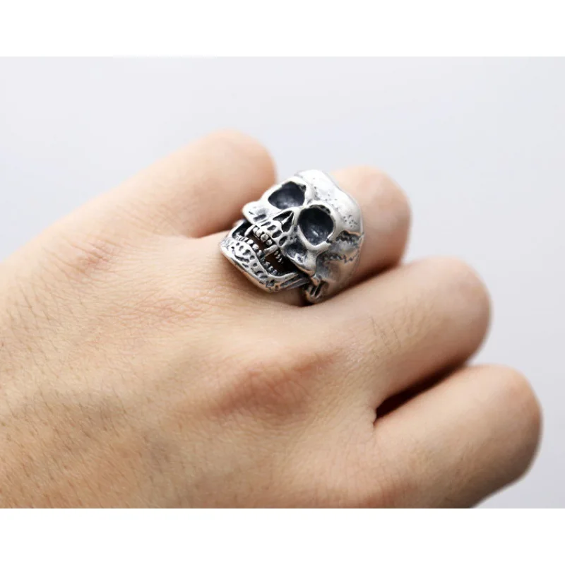 WholeSale S925 Sterling Silver domineering Skull ring men'S index finger ring retro thai Silver diStreSSed open ring large