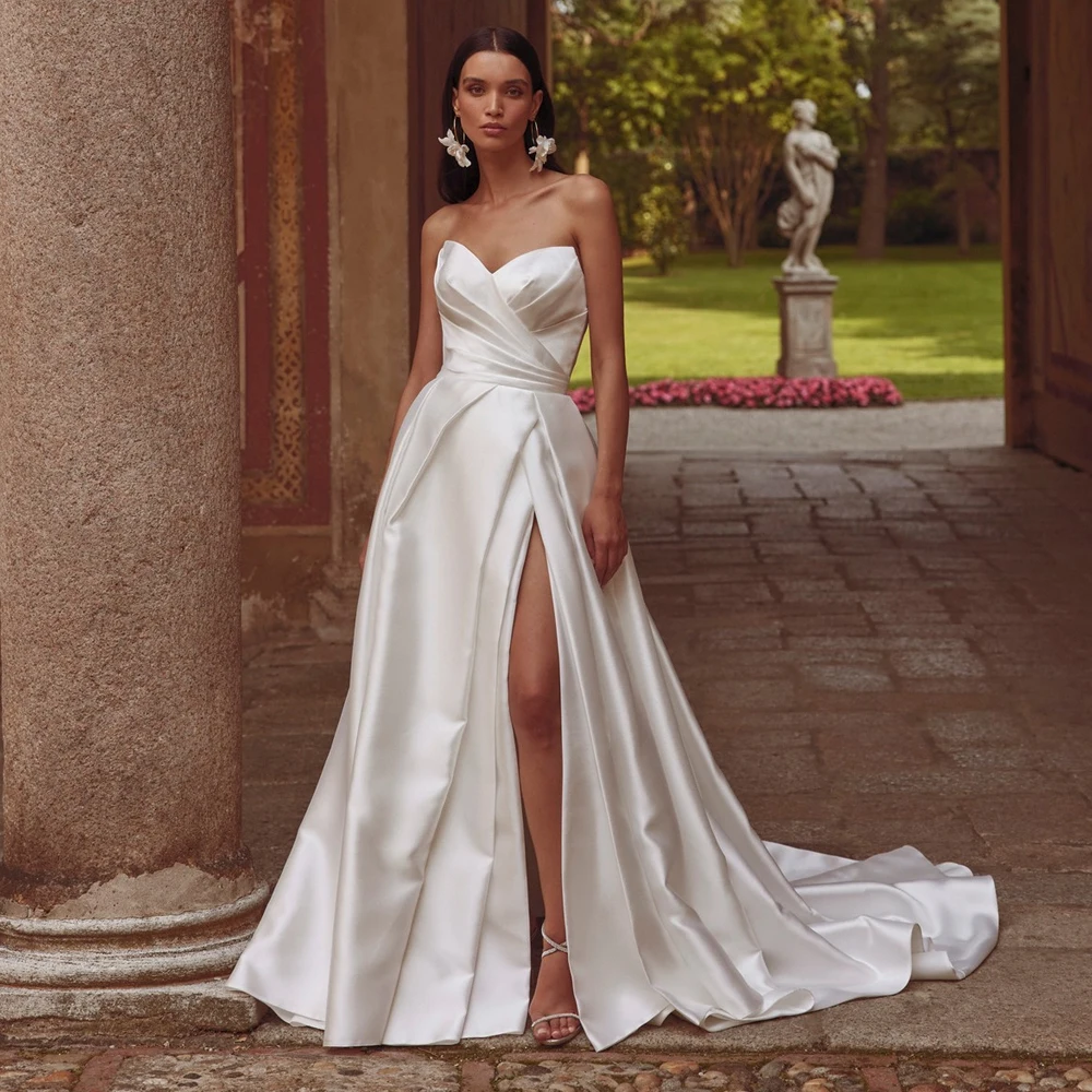 

Simple Strapless Wedding Dresses Sweetheart Neck Pleat Bridal Grown Sleeveless Side Slit Draped Satin A Line Vestidos De Novia