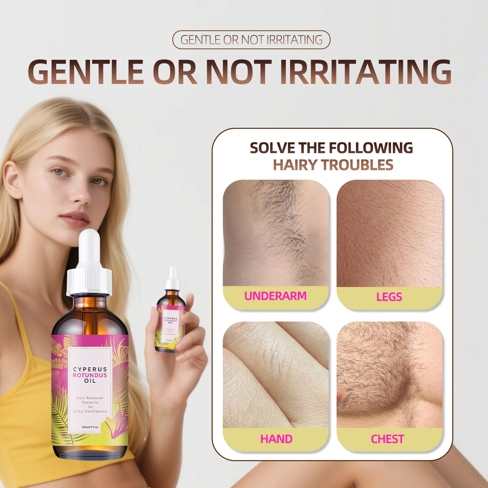 زيت إزالة الشعر 60 مل - مثبط نمو الشعر الطبيعي بزيت اللوز جوجوبا، للبشرة الناعمة، تركيبة لطيفة لجميع أنواع البشرة