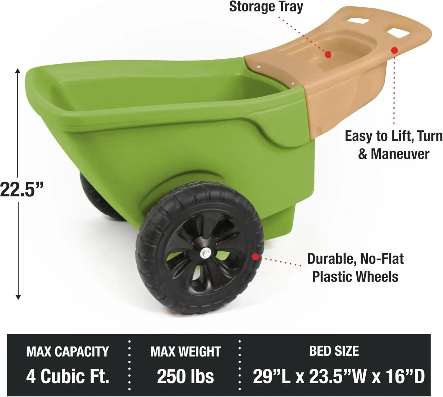 Easy Haul Wheelbarrow with Garden Tool Storage Tray, Durable Heavy-Duty Plastic Wheelbarrow with Large Easy Turn Wheels - Green,