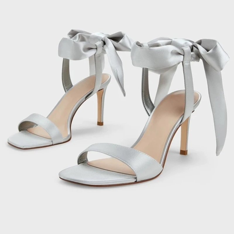

Satin Luxury Bowknot Ankle Straps Sandals Women Pumps Summer New Open Toe Elegant High Heels Fashion Brand Party Dress Shoes